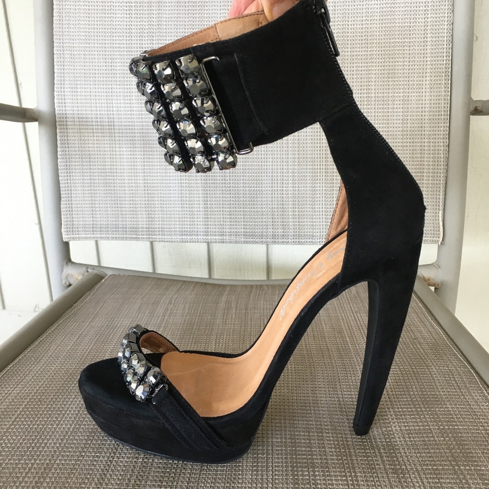 Jeffrey Campbell Black Suede Crystal Ankle Strap Platform Heels
